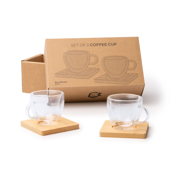 Set 2 tazas cristal doble pared Robus + posavasos bambú - detalle