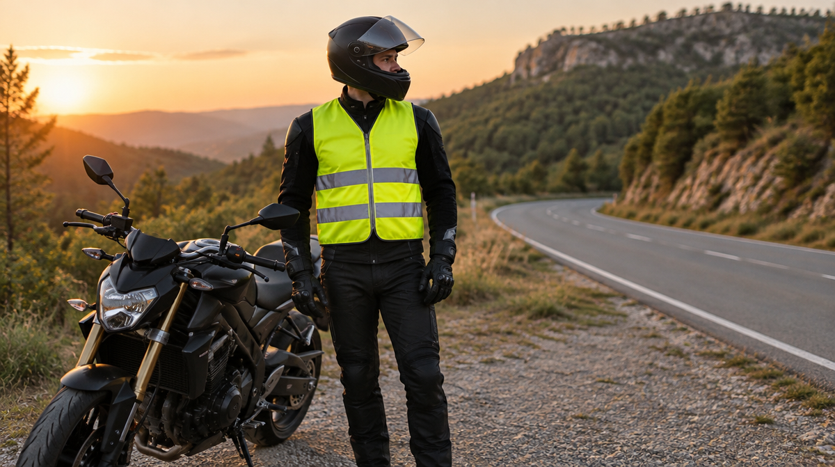 Motorista con chaleco reflectante en el arcén