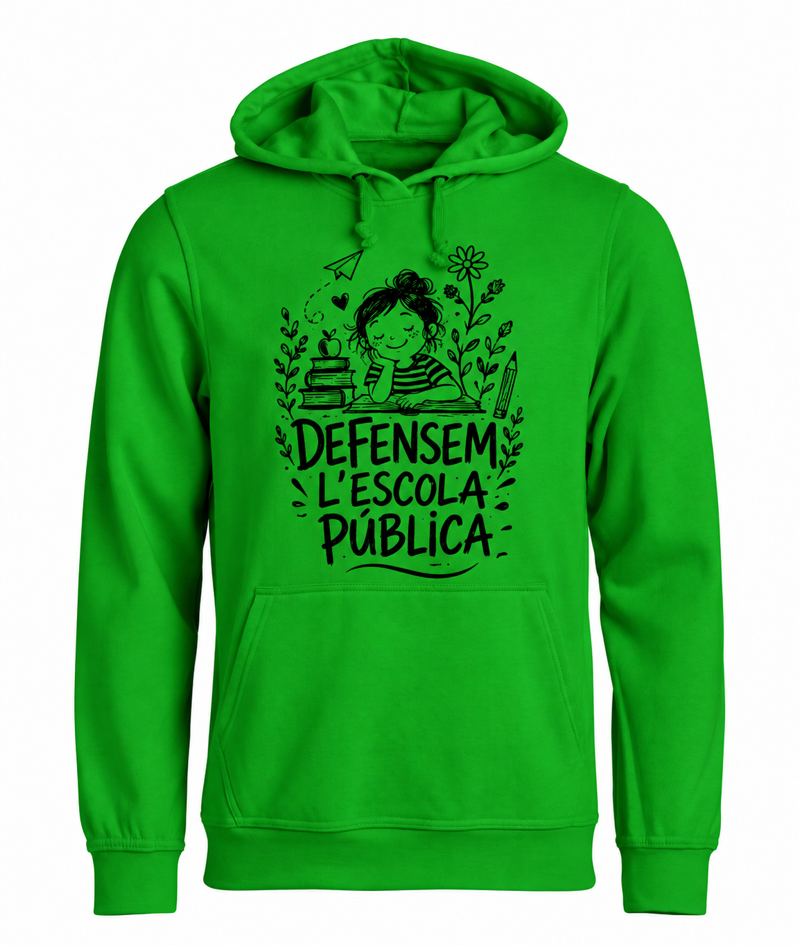 Dessuadora verda Defensem l'escola pública, vista frontal