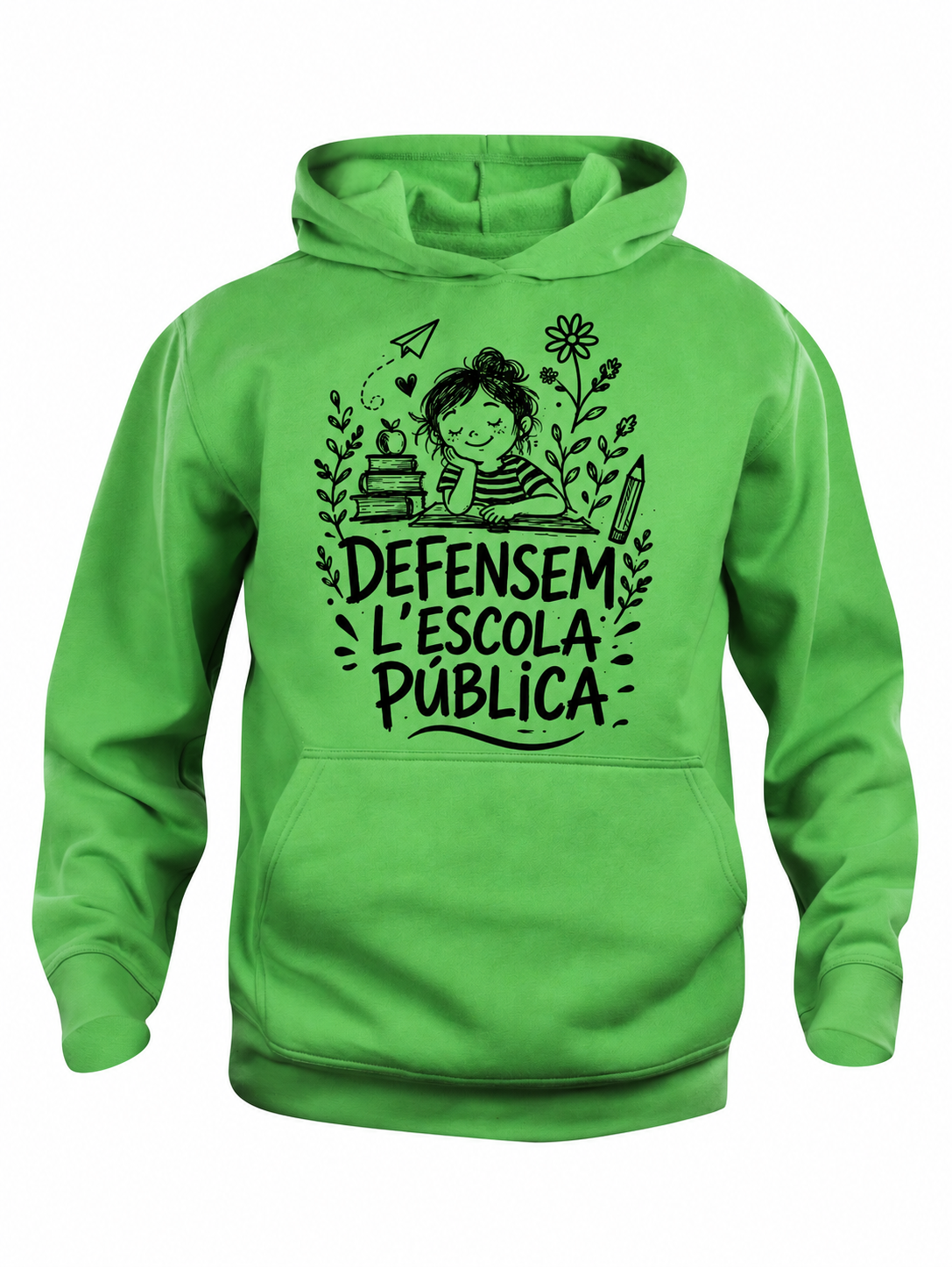Dessuadora infantil verda amb caputxa «Defensem l'escola pública», vista frontal