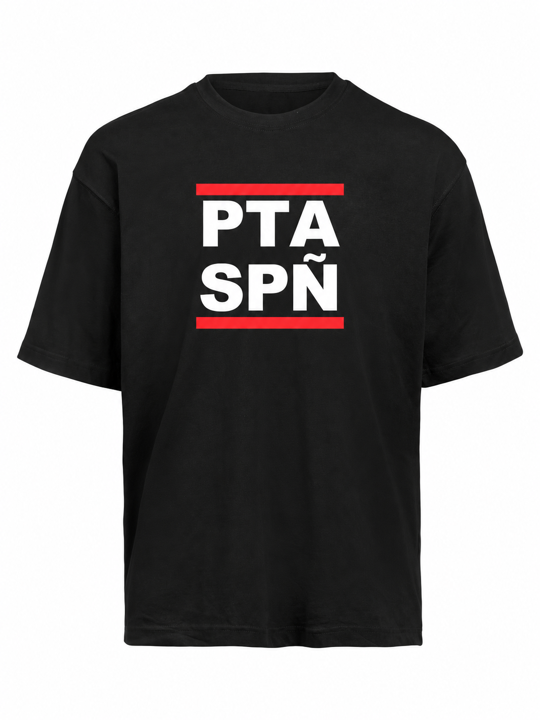 Samarreta negra "PTA SPÑ" de Polyklin — tall oversize, davant