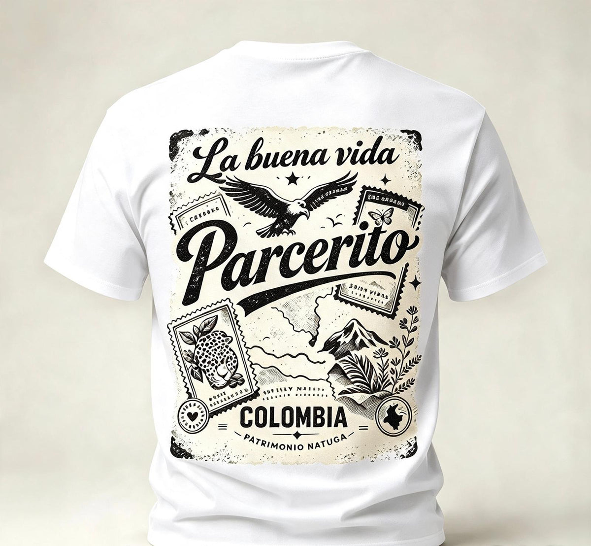 Camiseta "Parcerito · La buena vida" · Blanca — diseño completo en la espalda