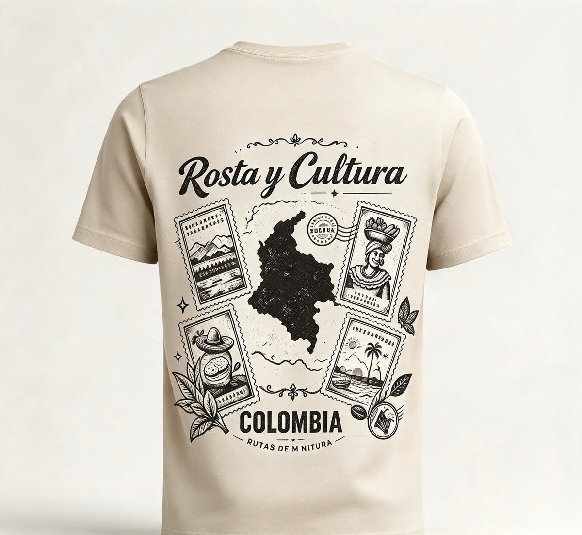 Camiseta "Rosta y Cultura" · Beige — diseño completo en la espalda