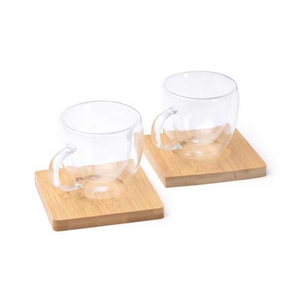 Set 2 tasses de vidre doble paret Robus + posagots de bambú
