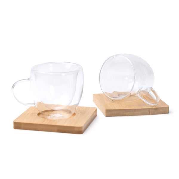 Set 2 tazas cristal doble pared Robus + posavasos bambú - detalle