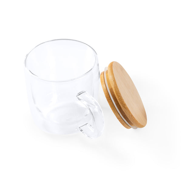 Taza cristal doble pared Indal 280 ml tapa bambú - detalle