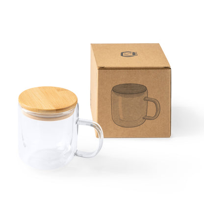 Taza cristal doble pared Indal 280 ml tapa bambú - detalle