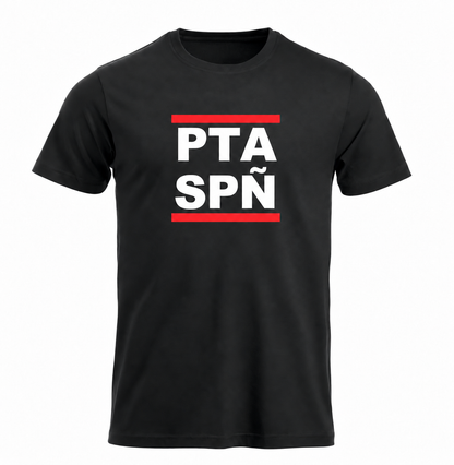 Samarreta negra "PTA SPÑ" de Polyklin — davant