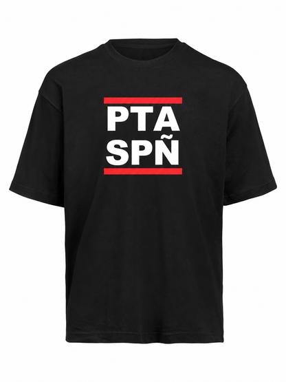 Samarreta negra "PTA SPÑ" de Polyklin — tall oversize, davant