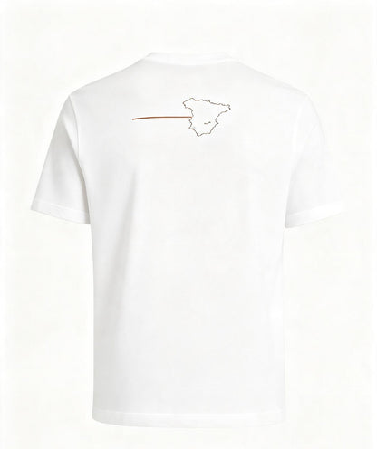 Camiseta "Orgullo Colombiano" · Blanca — silueta de España en la espalda