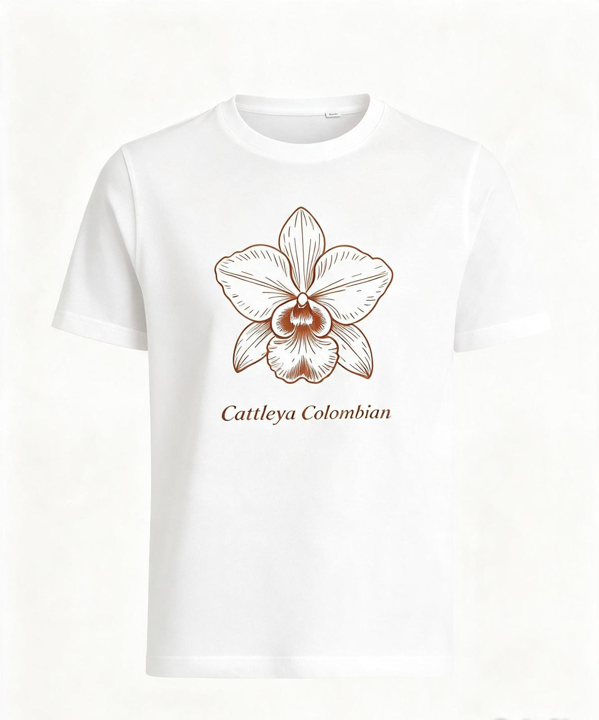 Camiseta "Reina de los Andes" · Blanca — orquídea Cattleya en el pecho