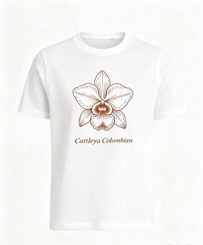 Camiseta "Reina de los Andes" · Blanca — orquídea Cattleya en el pecho