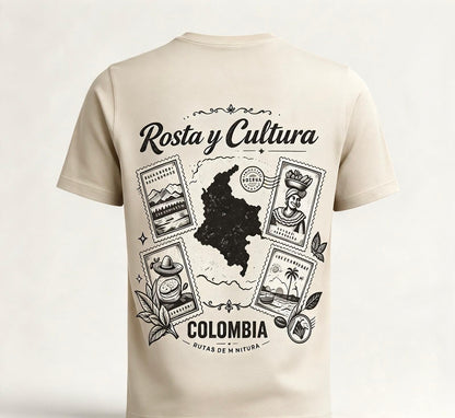 Camiseta "Rosta y Cultura" · Beige — diseño completo en la espalda