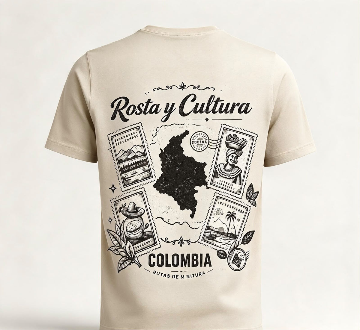 Camiseta "Rosta y Cultura" · Beige — diseño completo de sellos postales en la espalda