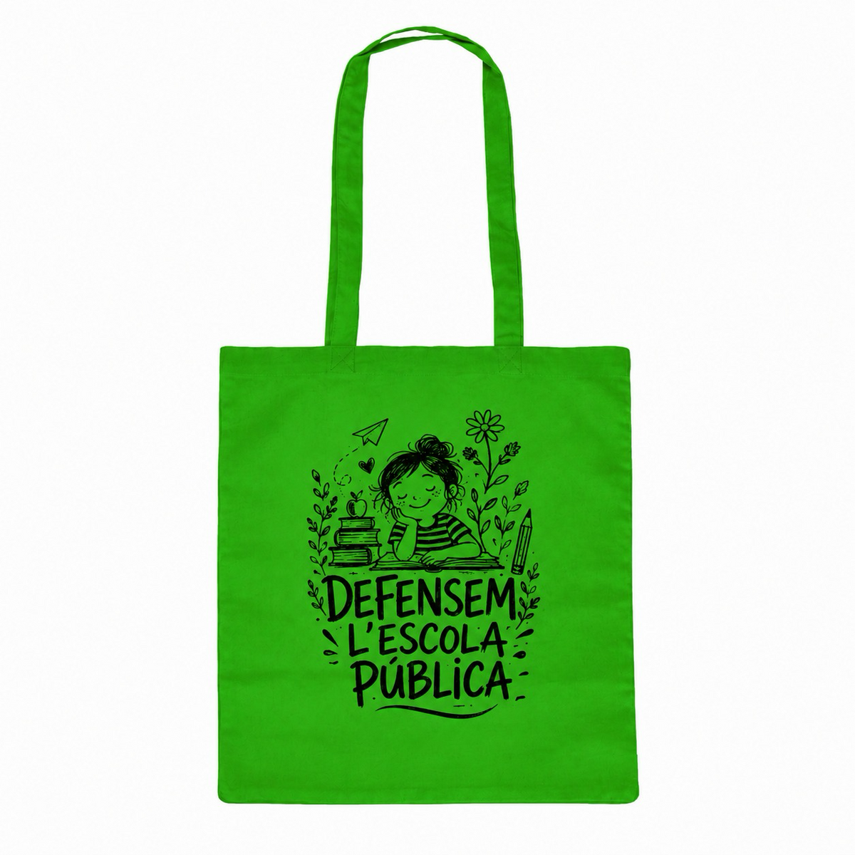 Tote bag verda «Defensem l'escola pública», vista frontal